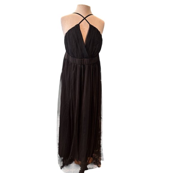 Women’s Black Maxi Dress – Sheer Tulle Overlay, Lace Trim Hem, Crisscross Back, - Picture 1 of 7